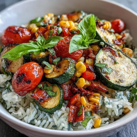 A vibrant Summer Vegetable Bowl featuring sautéed zucchini and sweet corn over fluffy rice, garnished with fresh basil.