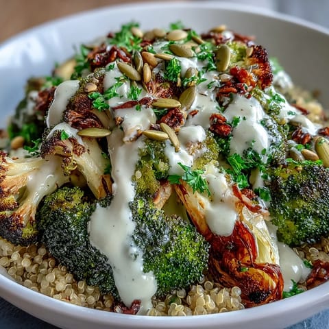 Savory Roasted Brassica Bowl with crispy vegetables, toasted pumpkin seeds, and fresh parsley, finished with a bright lemon-tahini drizzle.