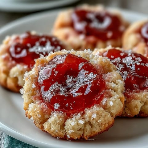 Freshly baked thumbprint cookies with guava jam filling, arranged on a rustic wooden board next to a glass of milk.