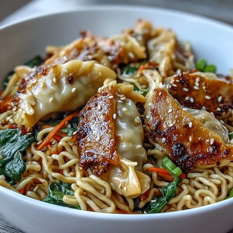 Fork-ready potsticker noodle bowls blend tender noodles, crisp carrots, and cabbage, topped with green onions and sesame seeds.