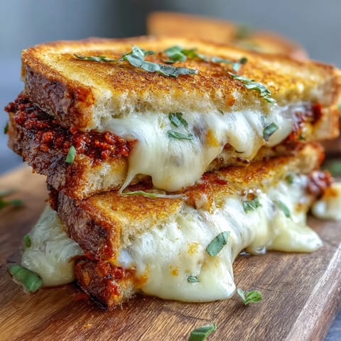 Buttery Sun-Dried Tomato Pesto Grilled Cheese sliced diagonally next to a bowl of tomato soup.