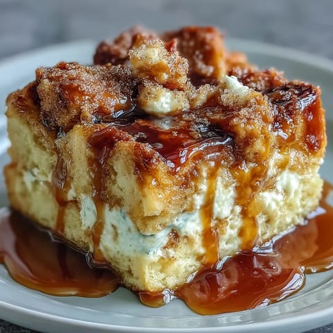 Slice of Caramel Cream Cheese French Toast Casserole on a plate, topped with berries and drizzled caramel.