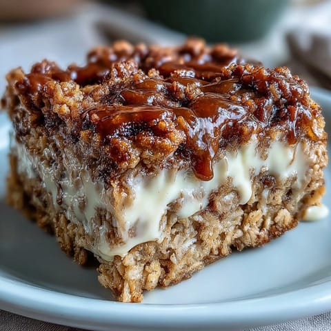 A slice of High-Protein Cinnamon Swirl Coffee Cake Oats being lifted from the pan, revealing fluffy oats and a gooey cinnamon ribbon for a nutritious breakfast.