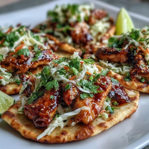 Warm garlic naan wrapped around glossy honey garlic chicken, piled high with crisp cabbage slaw and fresh cilantro.