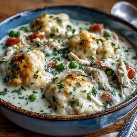 Tender shredded chicken and vegetables swim in a rich ranch-infused gravy under golden dumplings.