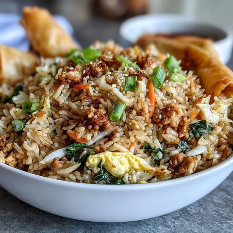 Freshly stir-fried Crispy Chicken Fried Rice with Egg Roll Flavors, featuring crisp cabbage, carrots, and golden scrambled egg ribbons.