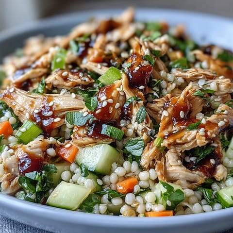 A close-up of Asian Sesame Chicken Couscous Salad with shredded chicken, crisp cucumber, and a drizzle of sesame-soy dressing.