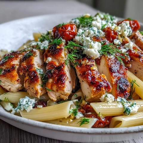 Freshly roasted garlic cloves and creamy feta cheese are tossed with tender sliced chicken and al dente penne pasta in this vibrant Greek-inspired dish.