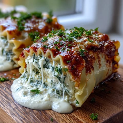 Twisted pasta spirals stuffed with ricotta and spinach are served on a white plate with fresh basil garnish.