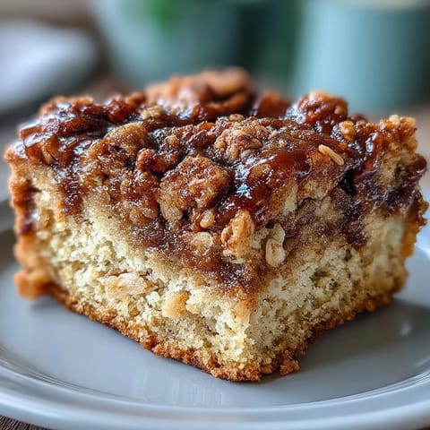 A warm slice of High-Protein Cinnamon Swirl Coffee Cake Oats on a plate, ready for drizzling with maple syrup.