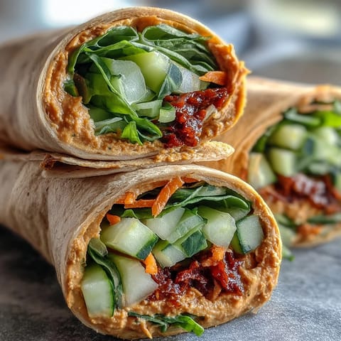 Vegan Sun-Dried Tomato Hummus Veggie Wraps rolled tightly with crisp carrots and cucumber, ready to slice. 