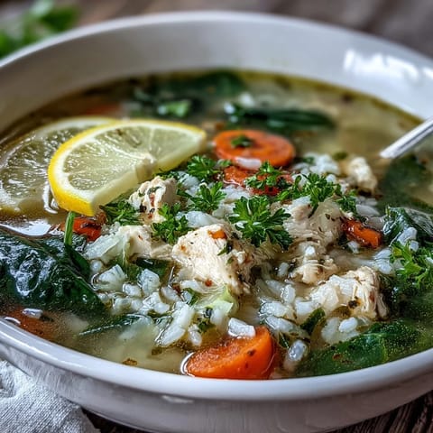 Ladle serving One-Pot Lemon Chicken Rice Soup with Veggies alongside crusty bread and lemon slices.