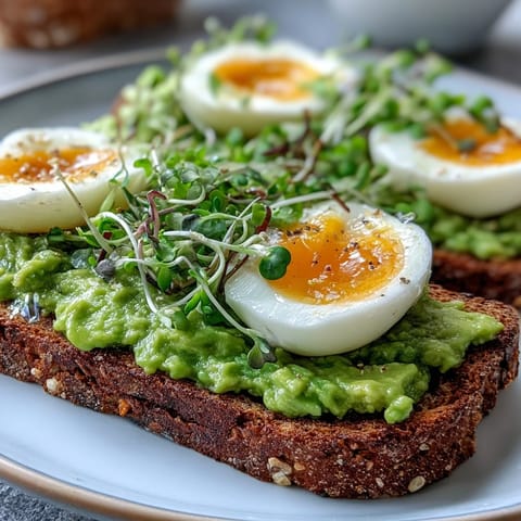 A close-up of Clean Eating Avocado Toast with Soft-Boiled Egg and Microgreens, showing a creamy, golden yolk.