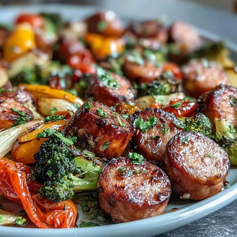 Colorful sheet pan dinner with roasted sausage and rainbow vegetables, caramelized and sizzling on a baking tray.  