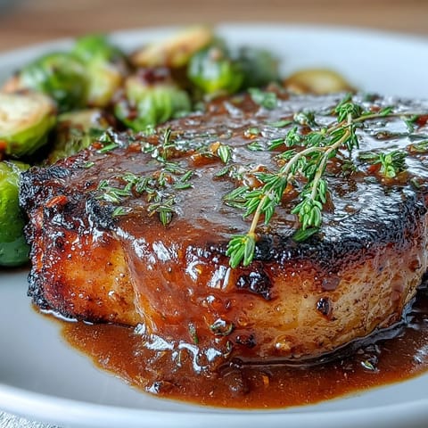 Pan-seared pork chops topped with a luscious Dijon cream sauce, served with crispy roasted Brussels sprouts for a satisfying keto dinner.  