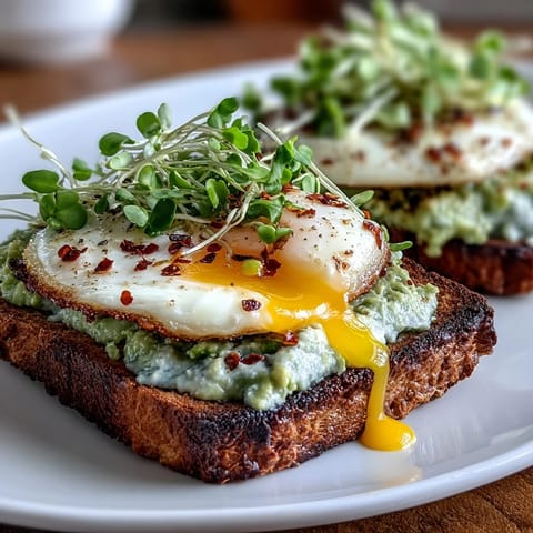 A vibrant avocado toast topped with a soft-boiled egg, fresh microgreens, and a sprinkle of chili flakes for a spicy kick.  