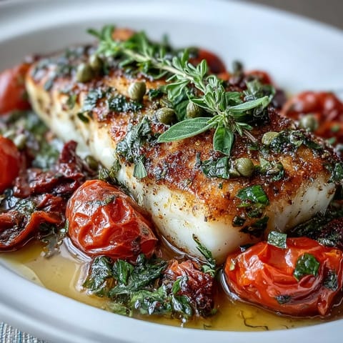 Juicy cherry tomatoes and briny olives complement tender, flaky cod fillets baked with fresh basil and lemon zest.  