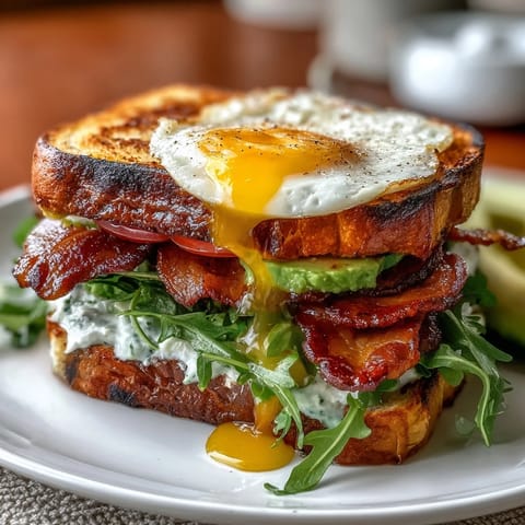 Creamy avocado and smoky bacon layered on toasted sourdough, crowned with a golden runny egg in this ultimate breakfast BLT stack.