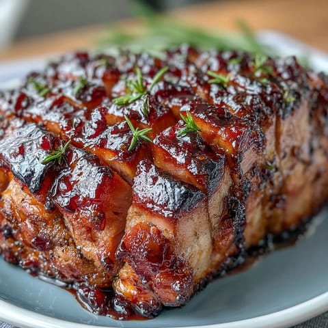 A golden-baked ham glazed with rich black currant jam and Dijon mustard, perfect for holiday feasts.