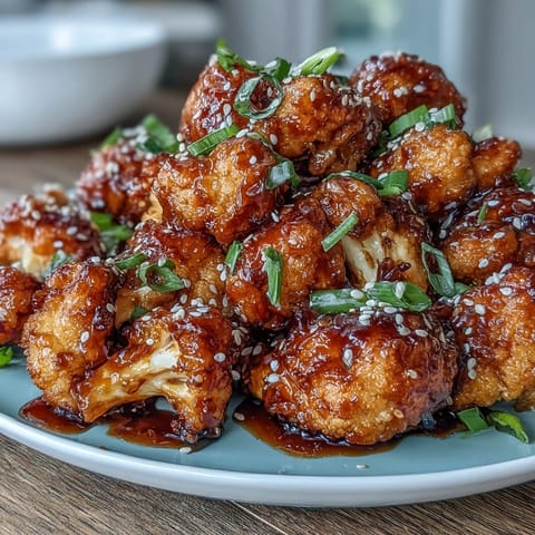 Battered cauliflower florets air fried to perfection and tossed in a sweet and spicy General Tso's sauce, served with sesame garnish.  