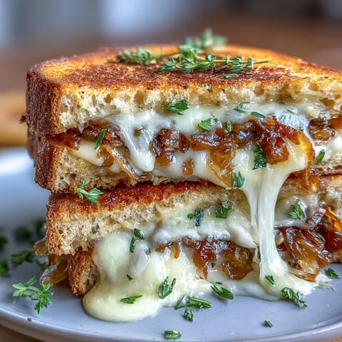 Sourdough grilled cheese with caramelized onions and Gruyere, golden and melty, served hot with crispy edges.