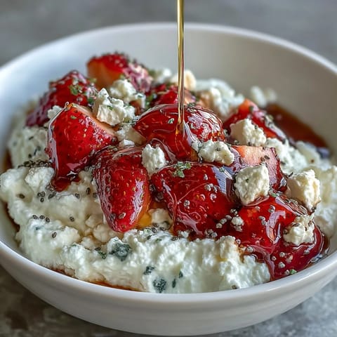 A wholesome cottage cheese fruit bowl featuring juicy strawberries, tropical pineapple, and crunchy nuts for a satisfying breakfast or snack.  