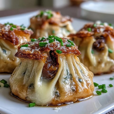 Caramelized French Onion Soup Dumplings with golden crispy bottoms and gooey Gruyère cheese.
