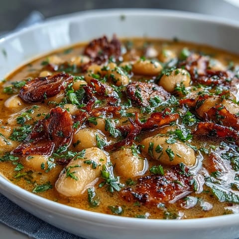 A steaming bowl of ham and butter bean soup with tender beans, smoky ham, and fresh herbs, served with crusty bread.