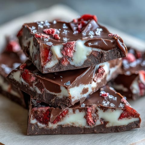 Decadent no-bake chocolate bark featuring marbled dark and white chocolate, studded with crunchy freeze-dried strawberries and colorful Valentine sprinkles.