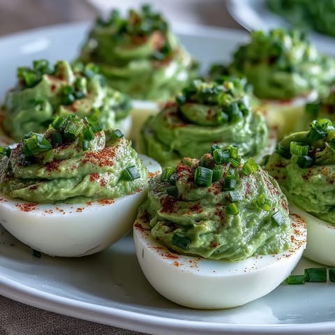 Vibrant avocado deviled eggs topped with fresh chives, perfect for a healthy appetizer or party snack.  
