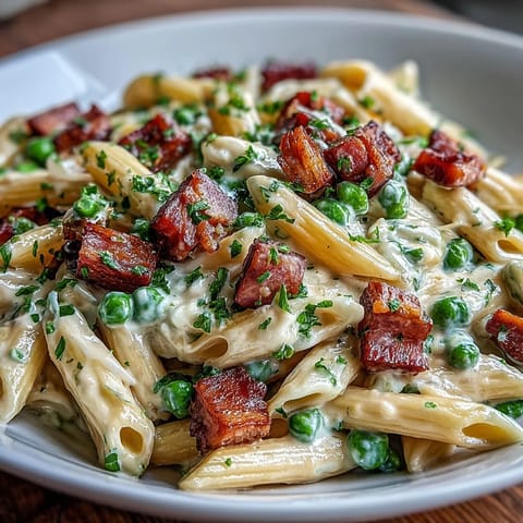 A comforting bowl of Creamy Leek, Pea, and Ham Pasta topped with Parmesan, featuring al dente pasta and fresh leeks.  