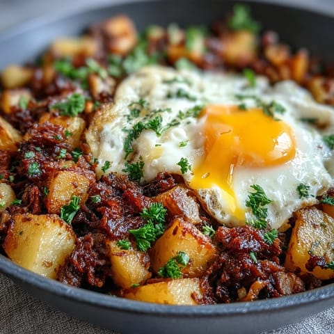 A hearty corned beef hash breakfast skillet with crispy potatoes, sautéed vegetables, and perfectly cooked eggs, served in a cast iron pan.