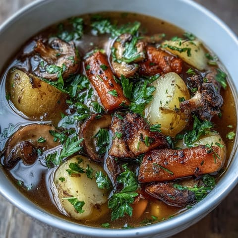 A hearty vegan Irish stew with tender root vegetables and savory mushroom meat in a rich vegetable broth.  