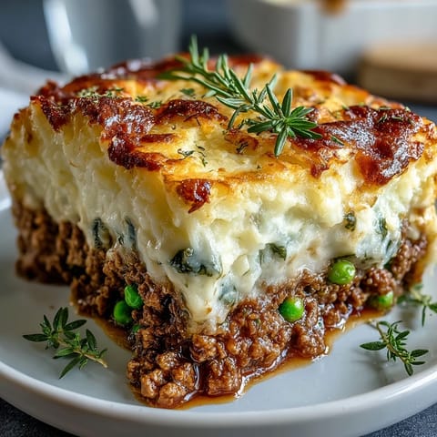 A golden shepherd's pie with cauliflower mash, showcasing a savory ground meat filling topped with creamy, whipped cauliflower.
