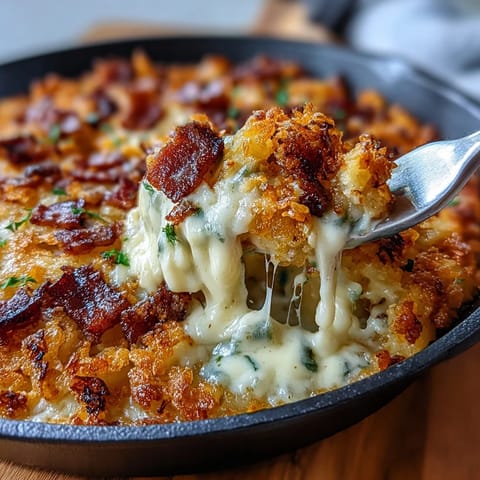 Funeral Potatoes and Ham Breakfast Skillet with golden crispy hash browns and creamy cheese sauce, topped with crunchy cornflakes.