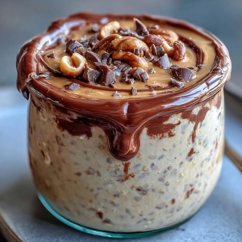 Decadent peanut butter cup overnight oats jar with creamy layers of oats, chocolate, and peanut butter, topped with mini chocolate chips.