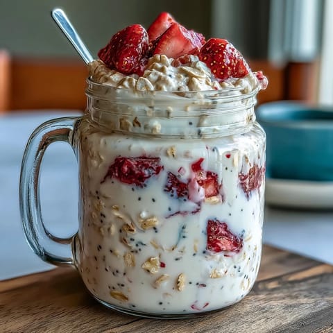 Creamy strawberry vanilla protein overnight oats with chia seeds, layered with fresh fruit and a hint of sweetness for a healthy breakfast.