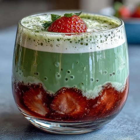 A creamy strawberry matcha latte with vibrant green matcha and sweet strawberry puree topped with oat milk foam.