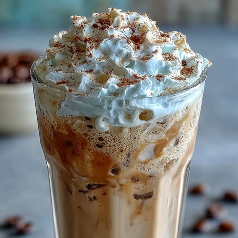 Creamy Skinny Vanilla Bean Frappuccino with almond milk and espresso, topped with whipped cream and vanilla bean specks.