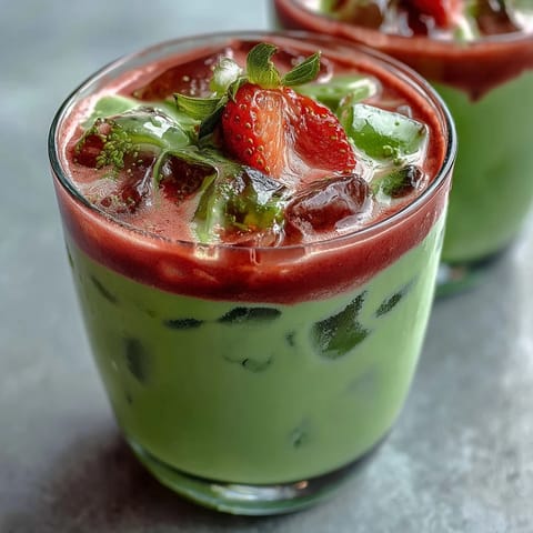 Vibrant dairy-free strawberry matcha iced latte with creamy coconut milk and fresh strawberry purée, perfect for a refreshing summer treat.