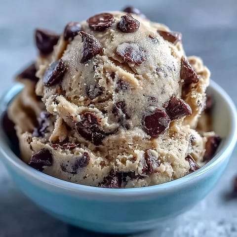 1. Edible protein cookie dough with chocolate chips in a white bowl, creamy and studded with mini chocolate chips.  