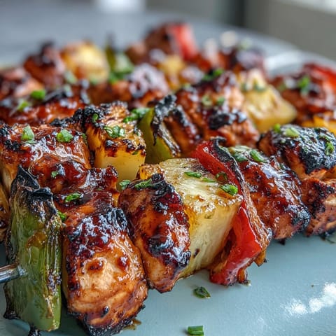 Juicy grilled chicken pineapple kabobs with bell peppers, marinated for bold flavor and perfect char. Colorful skewers of chicken, sweet pineapple, and crisp bell peppers sizzling on the grill. Easy grilled chicken pineapple kabobs with bell peppers, a healthy summer meal for backyard cookouts.