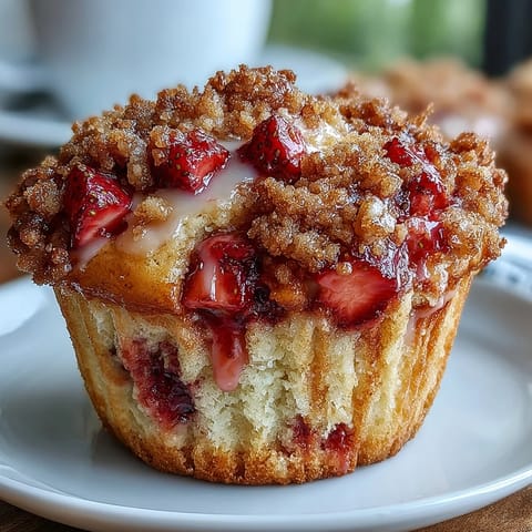 Golden strawberry muffins topped with buttery crumble, bursting with juicy berries in every bite.