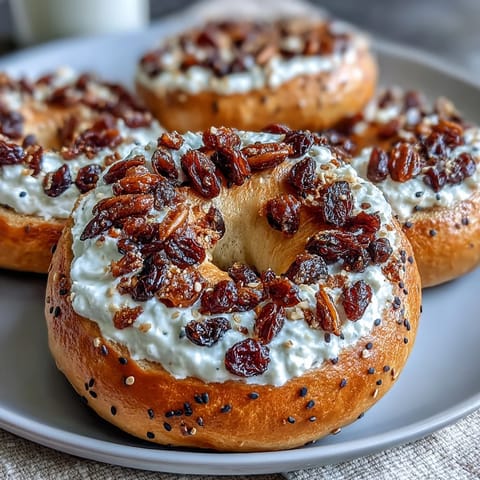 Golden-brown cinnamon raisin bagels with Greek yogurt, topped with cinnamon sugar and packed with sweet raisins and protein.  