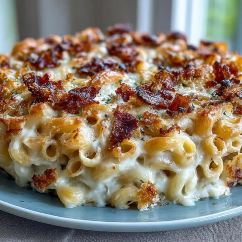 Comfort Food Mac and Cheese Bake with Bacon Crumbs: A creamy, golden baked macaroni and cheese topped with crispy bacon crumb topping for ultimate comfort.