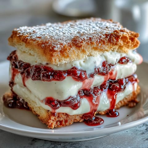 Clotted cream shortbread sandwich cookies with raspberry filling, delicate golden rounds filled with tangy-sweet berry cream.