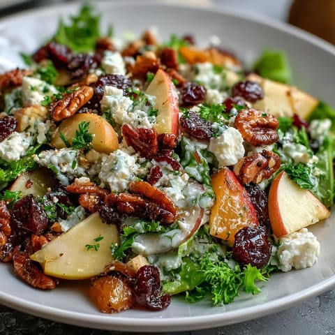 Crunchy celery apple salad with walnuts and feta in a bowl, topped with toasted nuts and creamy cheese, ready to serve.