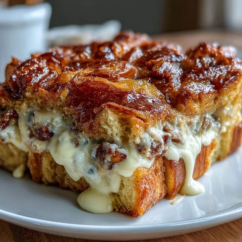 Buttery croissant French toast casserole with mixed berries baked to golden perfection