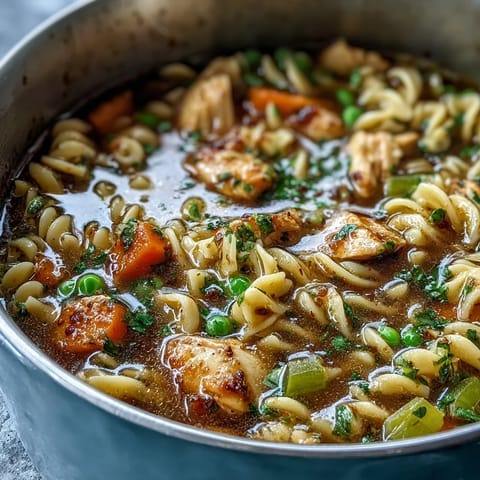 Hearty Chicken Run One-Pot Chicken Noodle Soup with tender chicken, fresh vegetables, and savory broth in a single pot.
