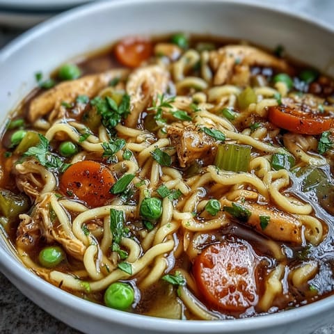 A steaming bowl of Chicken Run One-Pot Chicken Noodle Soup filled with chicken, carrots, celery, and egg noodles in rich broth.